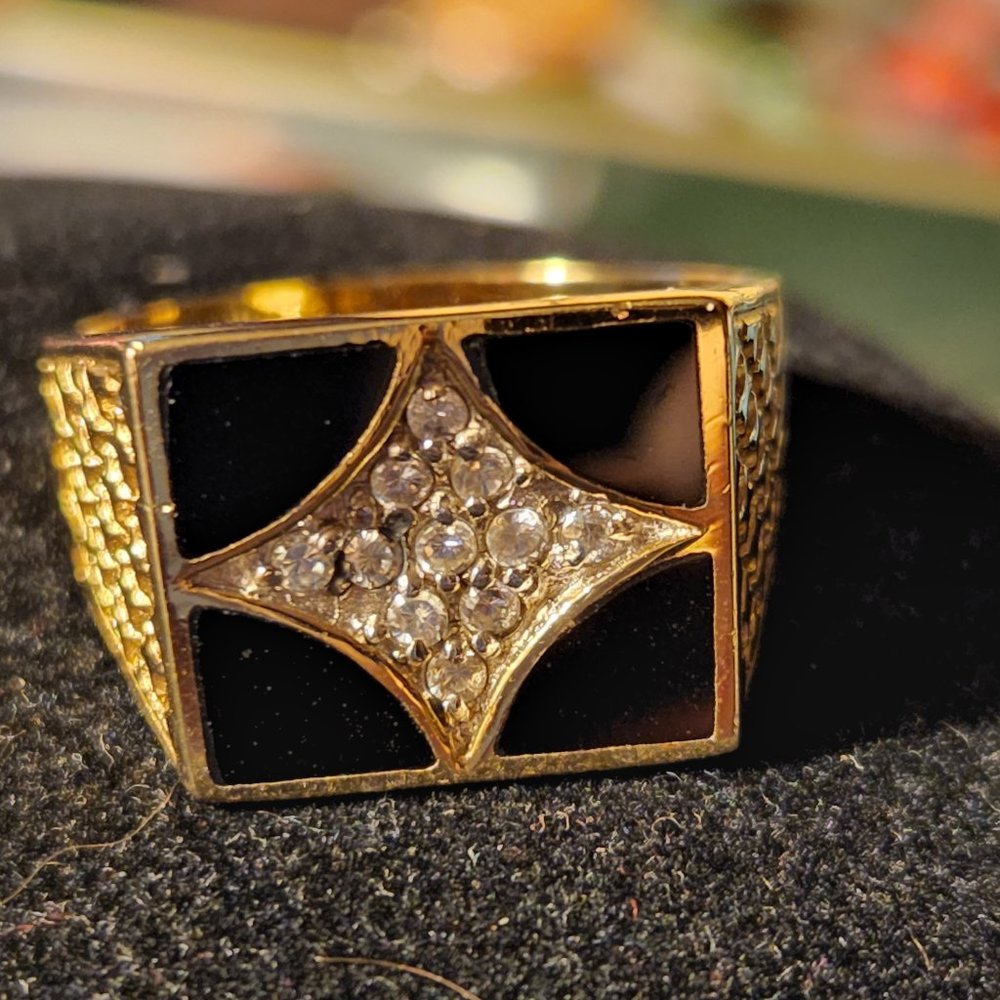 Vintage Zircon Onyx Sterling Silver Ring  Gold Plated  Size 12 10.1g Canada